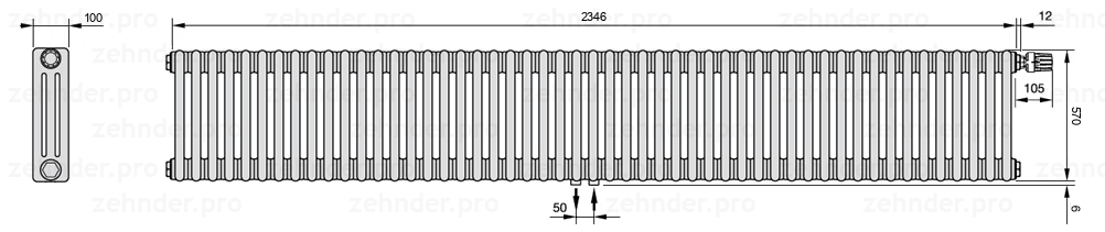 Схема (чертеж) Радиатор Zehnder Charleston 3057/51 №V008 Technoline TL